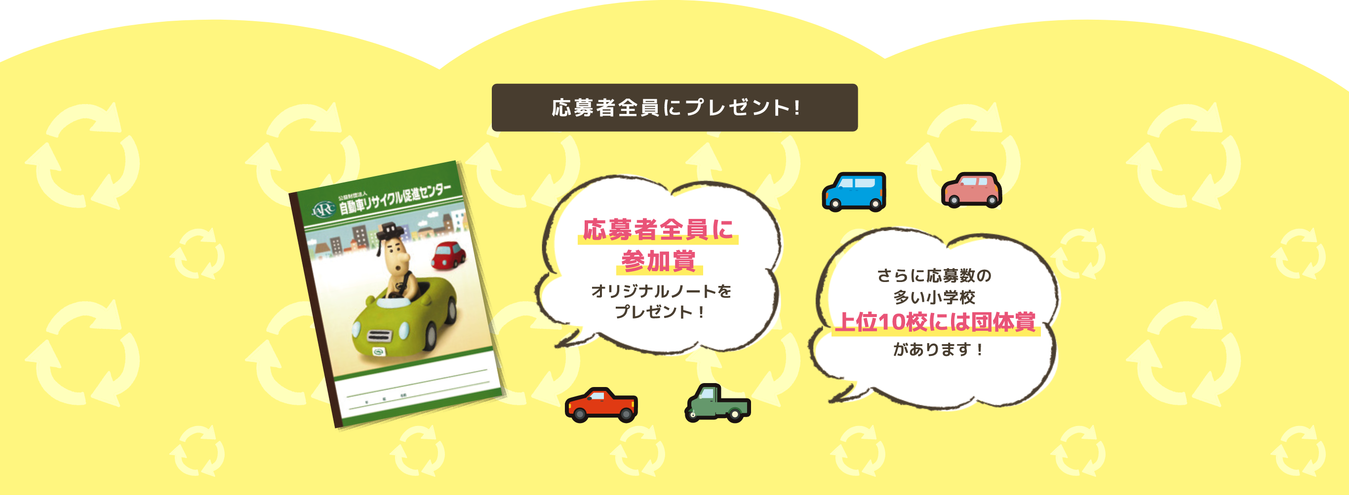 応募者全員にプレゼント！応募者全員に参加賞オリジナルノートをプレゼント！さらに応募数の多い小学校上位10校には団体賞があります！